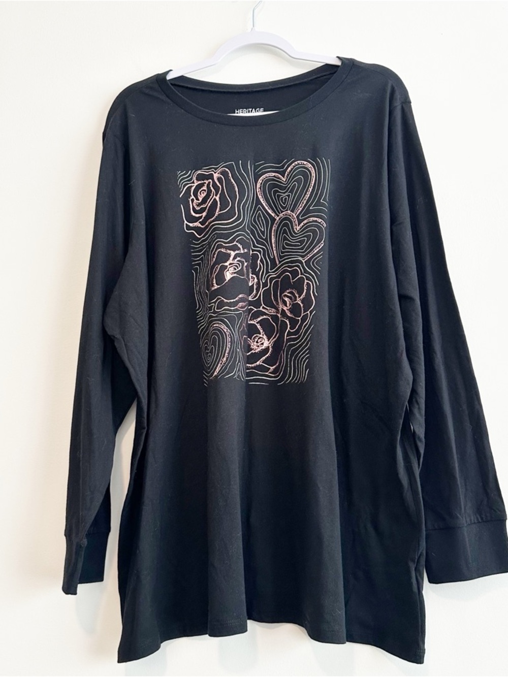 Torrid Heritage Black Long Sleeve Tee with Pink Rose Line Art